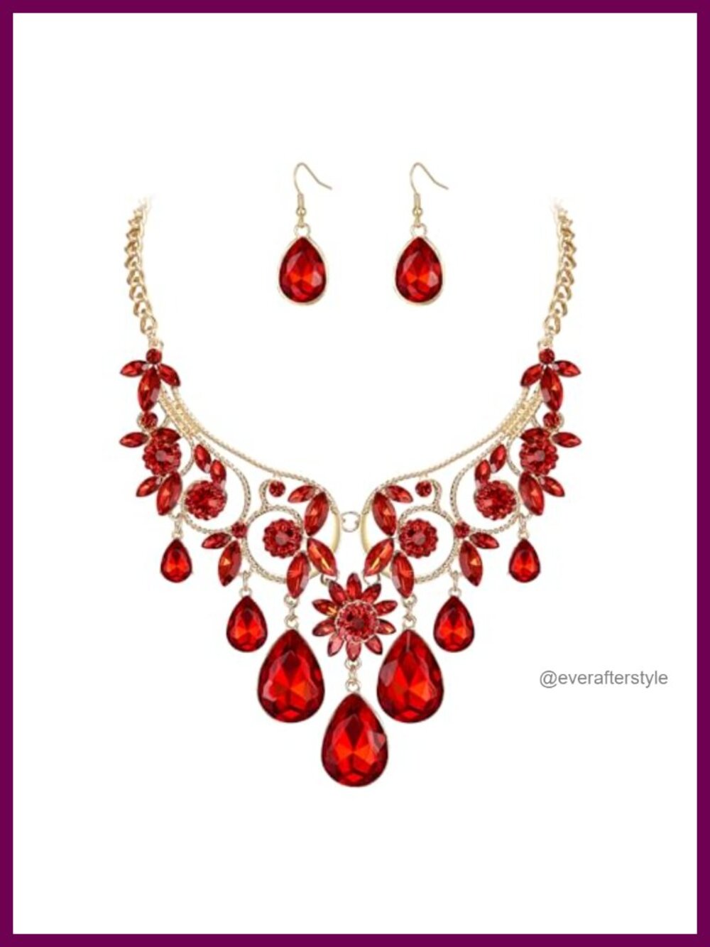 Austrian Crystal Gold-Tone Ruby Jewelry Set Pendant Necklace & Earrings